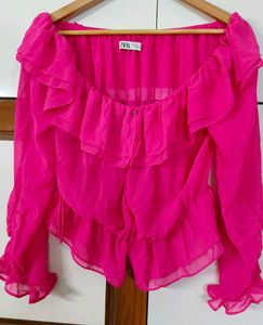 Zara Sheer Ruffle Off-Shoulder Top