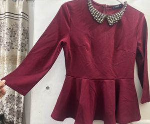 SHEIN Burgundy top with Embellished Collar