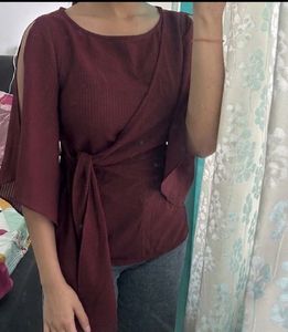 FabAlley Burgundy Cold Shoulder Top