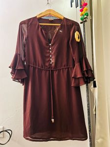 Chic Brown Ruffled Sleeve Dress