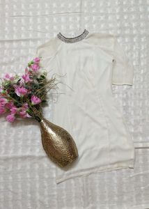 Elegant White Beaded Neckline Dress