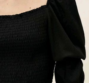 Black Smocked Puff Sleeve Top