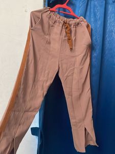 Stylish Women's Taupe Trousers with Brown Stripe