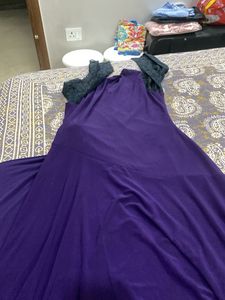 Elegant Purple Gown with Black Lace Sleeves