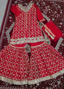 Red Embroidered Kurta Set with Sharara