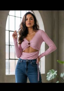 Ribbed Pink Cut-Out Long Sleeve Top &amp; Shorts Set