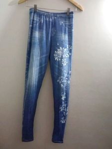 BLUE COTTON LINEN STRETCHABLE LEGGING FOR WOMEN