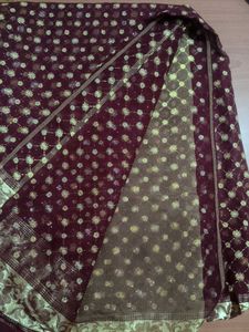 Elegant Burgundy Saree with Golden Floral Border