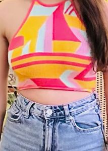 Vibrant Geometric Print Halter Top