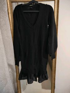 Black V-Neck Ruffle Dress