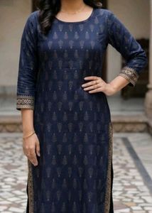 Navy Blue Printed Straight Kurta with 3/4 Sleeves