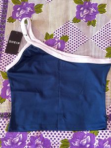 Navy Blue One Shoulder Crop Top