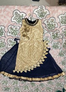 Elegant Gold Lace &amp; Navy Blue Dress