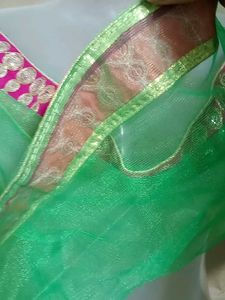 Vibrant Green Dupatta with Pink &amp; Gold Border