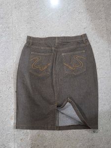 Washed brown denim skirt