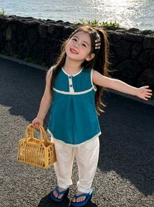 kid's Adorable Teal Blue Top & White Pants Set