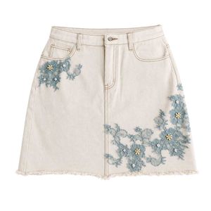 Cream Denim Skirt with Blue Floral Applique
