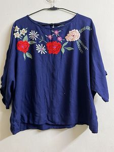 Embroidered Blue Round Neck Top