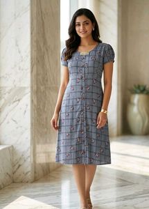 Stylish Blue Checked Button-Up Dress