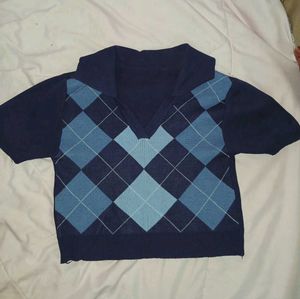 Blue Argyle Knit Top