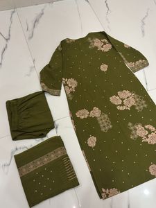 Olive Green Embroidered Kurti Set
