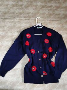 Navy Blue Cardigan with Red Accents