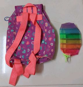 Cute Purple Floral Backpack with Rainbow Pouch