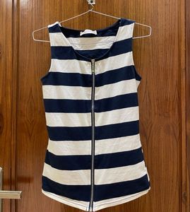 Striped Zip-Up Sleeveless Top
