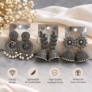 Oxidized Silver Jhumka Earrings Set of 3