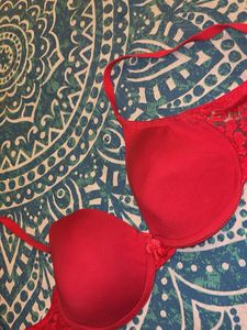 Red Lace Trim Bra (Lightly Padded, Underwired)