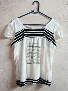 Trendy White &amp; Black Striped Lace Top