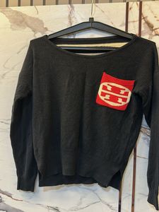 Cozy Black Sweater with Red Pocket, Bust- 34/36