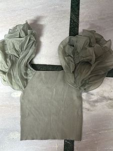 UNIQUE ZARA V-Neck Ribbed Top with Puff Sleeves