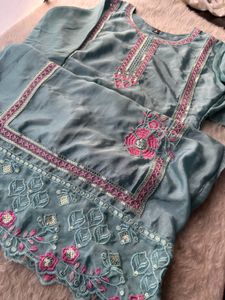 Elegant Blue Kurta Set with Pink Embroidery