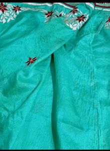 Teal Embroidered Silk Saree