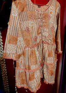 Boho Patchwork Tiered Kurta with Tassel Tie
