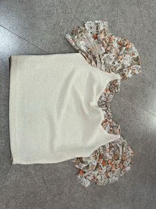 Cream Textured Blouse with Floral Sleeves