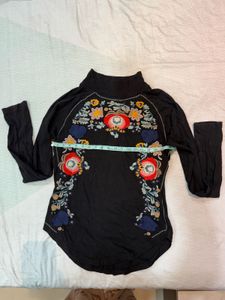FREE PEOPLE Embroidered Black Turtleneck Top