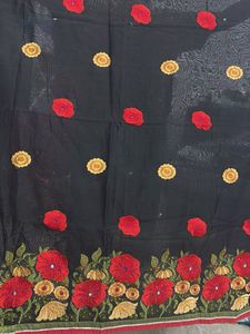 Black Floral Embroidered Sheer Fabric