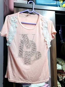 Pink Lace Embellished T-Shirt