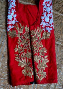 Red Embroidered Zipper Crop Top