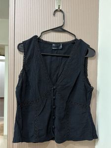 Black Lace Trim Button-Up Sleeveless Top