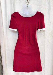 Chic Red Puff Sleeve Lace Trim Dress