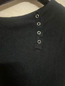 Black Ribbed Button Detail Off-Shoulder Dress