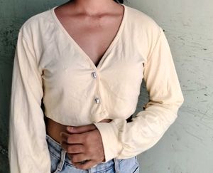 Cream Cropped Cardigan with Heart Buttons