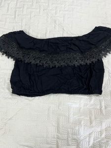 Black Off-Shoulder Lace Trim Crop Top