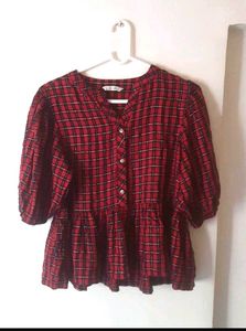 Red Plaid Peplum crop  Top, size S