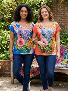 Vibrant Floral Print Short Sleeve Tops