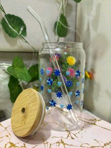 Customize blue Floral Glass Tumbler  with bamboo l