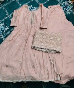 peach nayra suit with heavy embroidery duppata